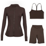 In-stock  three-piece sports set: capri pants, jacket, Y-back bra, for fitness and yoga with a naked feel