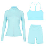 In-stock  three-piece sports set: capri pants, jacket, Y-back bra, for fitness and yoga with a naked feel