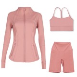 In-stock  three-piece sports set: capri pants, jacket, Y-back bra, for fitness and yoga with a naked feel