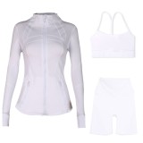 In-stock  three-piece sports set: capri pants, jacket, Y-back bra, for fitness and yoga with a naked feel