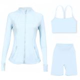 In-stock  three-piece sports set: capri pants, jacket, Y-back bra, for fitness and yoga with a naked feel