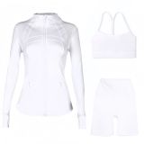 In-stock  three-piece sports set: capri pants, jacket, Y-back bra, for fitness and yoga with a naked feel