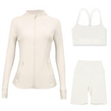 In-stock  three-piece sports set: capri pants, jacket, Y-back bra, for fitness and yoga with a naked feel