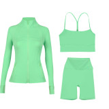 In-stock  three-piece sports set: capri pants, jacket, Y-back bra, for fitness and yoga with a naked feel