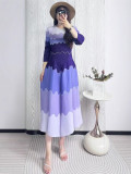 Miyake European and American cross-border pleated plus-size dress, fashionable color-blocking with beading, elegant and loose-fitting, slimming long dress