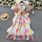 French-style elegant dress for women, summer high-end design with three-dimensional floral details, tie-waist, lantern sleeves, printed mesh long dress