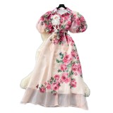 French-style elegant dress for women, summer high-end design with three-dimensional floral details, tie-waist, lantern sleeves, printed mesh long dress