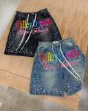 American street style heavy-duty denim lace-up shorts with letter print and rhinestone design, hip-hop trendy casual versatile women's wear