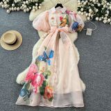 French-style elegant dress for women, summer court style, with tie waist, three-dimensional floral lantern sleeves, printed mesh long dress