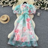 French-style elegant dress for women, summer high-end design with three-dimensional floral details, tie-waist, lantern sleeves, printed mesh long dress