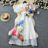 French-style elegant dress for women, summer court style, with tie waist, three-dimensional floral lantern sleeves, printed mesh long dress
