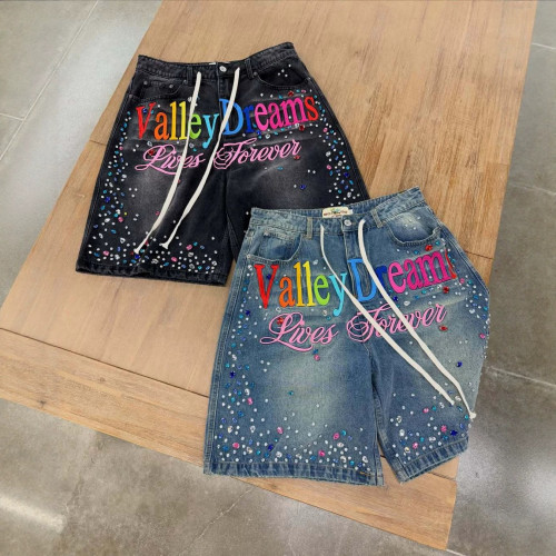 American street style heavy-duty denim lace-up shorts with letter print and rhinestone design, hip-hop trendy casual versatile women's wear