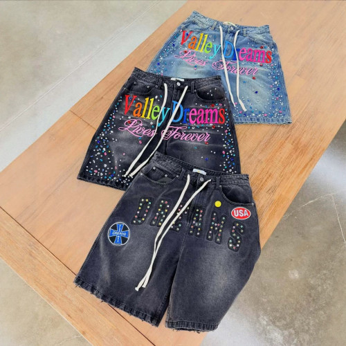 American street style heavy-duty denim lace-up shorts with letter print and rhinestone design, hip-hop trendy casual versatile women's wear