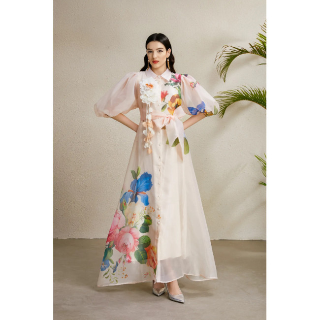 French-style elegant dress for women, summer court style, with tie waist, three-dimensional floral lantern sleeves, printed mesh long dress