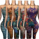 59055 Cross-border supply New European and American fashion Printed elastic halter neck backless slim-fit jumpsuit