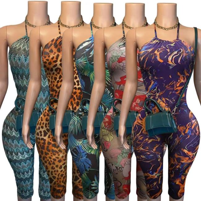 59055 Cross-border supply New European and American fashion Printed elastic halter neck backless slim-fit jumpsuit