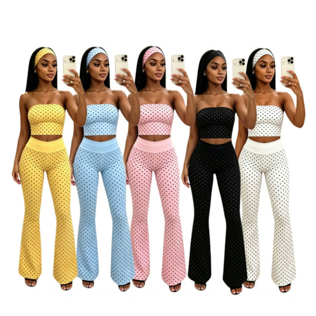 TK6355 European and American fashion women's clothing polka dot tube top high-waisted micro-flared three-piece set (including headscarf)