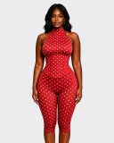 New cross-border European and American fashion women's clothing: halter neck polka dot fishbone waist-cinching zippered three-quarter jumpsuit (fake two-piece)