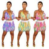 5155 European and American urban style knitted hand-crocheted fringed colorful beach short skirt two-piece set, best-selling cross-border product