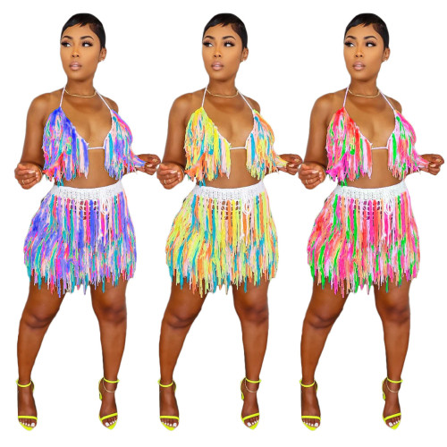 5155 European and American urban style knitted hand-crocheted fringed colorful beach short skirt two-piece set, best-selling cross-border product