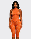 New cross-border European and American fashion women's clothing: halter neck polka dot fishbone waist-cinching zippered three-quarter jumpsuit (fake two-piece)