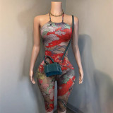59055 Cross-border supply New European and American fashion Printed elastic halter neck backless slim-fit jumpsuit