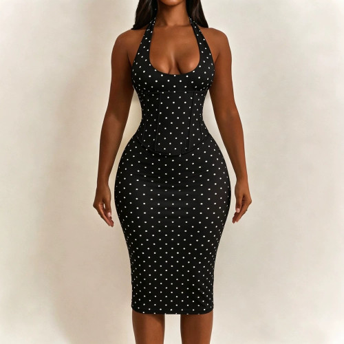 New cross-border European and American fashion women's dress with halter neck, polka dots, fishbone waist cinching, zipper, and faux two-piece design