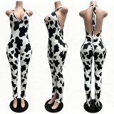 In stock, new European and American style 60525 spring/summer printed tank top with ruched ties, backless, slim fit, slit jumpsuit