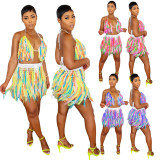 5155 European and American urban style knitted hand-crocheted fringed colorful beach short skirt two-piece set, best-selling cross-border product
