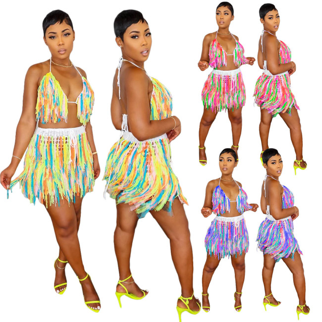 5155 European and American urban style knitted hand-crocheted fringed colorful beach short skirt two-piece set, best-selling cross-border product