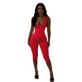 TK6350 European and American fashion women's halter neck polka dot fishbone zipper waist-cinching three-quarter jumpsuit (fake two-piece set)