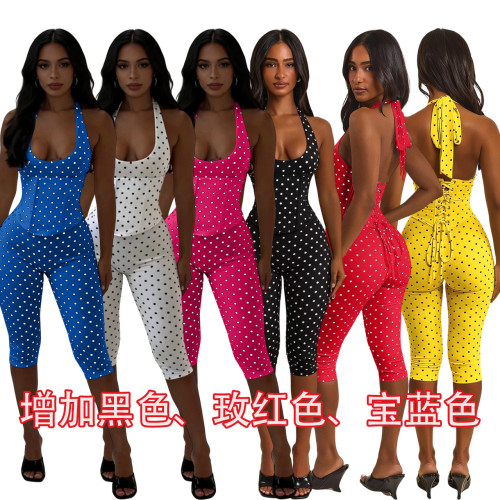 TK6350 European and American fashion women's halter neck polka dot fishbone zipper waist-cinching three-quarter jumpsuit (fake two-piece set)