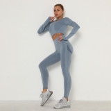 European and American style ruched seamless yoga outfit for women, high-waisted peach-colored tight-fitting sports long-sleeve fitness yoga pants two-piece set