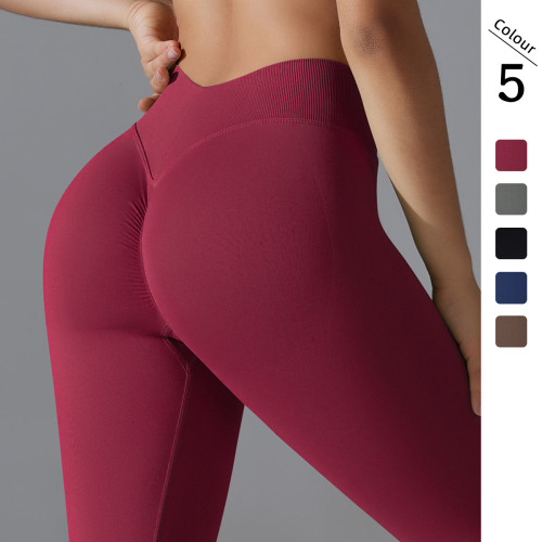 Cross-border European and American seamless knitted solid color V-waist tight high-elastic butt-lifting yoga pants for sports, running, and fitness