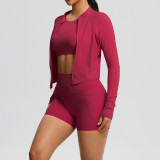 Cross-border cloud-feel brushed short-sleeve sports zip-up jacket, pocket shorts, butt-lifting fitness yoga outfit three-piece set