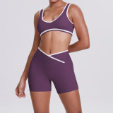 Cross-border double-sided brushed contrasting color tight-fitting breathable cross-waist yoga outfit set for women, suitable for sports, running, and fitness