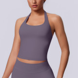 New seamless solid color halter neck sports tank top for women, suitable for running, fitness, and yoga
