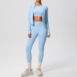 In-stock cross-border solid color brushed breathable tight-fitting fitness jacket three-piece sports running yoga outfit for women