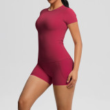 New cross-border European and American solid color double-sided nylon brushed short-sleeve yoga outfit set for sports, running, and fitness two-piece set