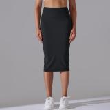 Nude-feel high-waisted tight-fitting bodycon skirt, sports midi skirt, high-elasticity, brushed fabric, mid-length, slit, casual yoga skirt for women