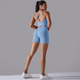 Cross-border European and American seamless knitted solid color high-elastic tight-fitting yoga outfit set, two-piece running and fitness wear for women