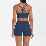 European and American cross-border seamless brushed fabric cross-back sports bra and casual butt-lifting shorts two-piece fitness yoga set