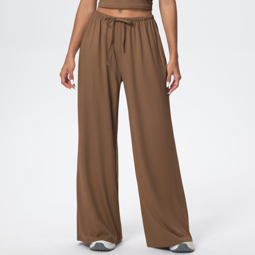 New cross-border brushed fabric trousers with drawstring, loose casual pants for women, sports and fitness elastic wide-leg pants for women