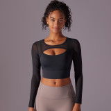 Cross-border mesh semi-transparent sexy double-panel tight-fitting long-sleeve elastic yoga sports fitness top for women