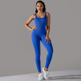 Cross-border seamless knitted ribbed solid color tight-fitting flat-neck jumpsuit for sports, running, fitness, and yoga