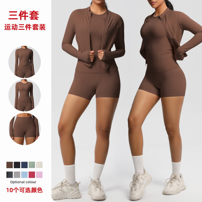 New cross-border breathable tight-fitting brushed long-sleeve jacket fitness yoga outfit solid color three-piece gym sportswear for women