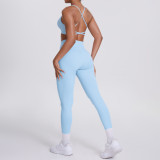 New cross-border European and American double-sided nylon tight-fitting cross-back sports yoga outfit set for running and fitness, two-piece set