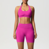 Cross-border seamless backless halter neck sports bra and shorts yoga outfit set, tight-fitting running and fitness two-piece set
