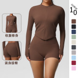In-stock cross-border double-sided brushed solid color tight-fitting zip-up jacket yoga outfit sports running fitness set for women