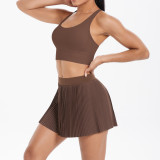 Cross-border European and American solid color tight-fitting brushed fabric cross-back short skirt two-piece set for running, fitness, training, and yoga